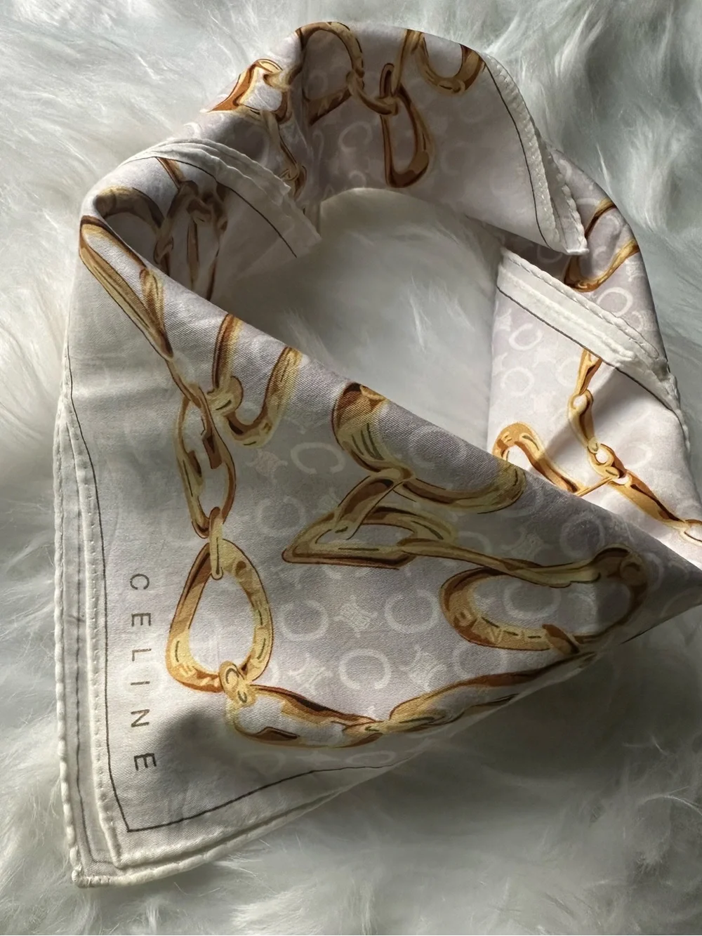 Celine Paris Vintage Gold Chain Monogram Square Scarf 19x19